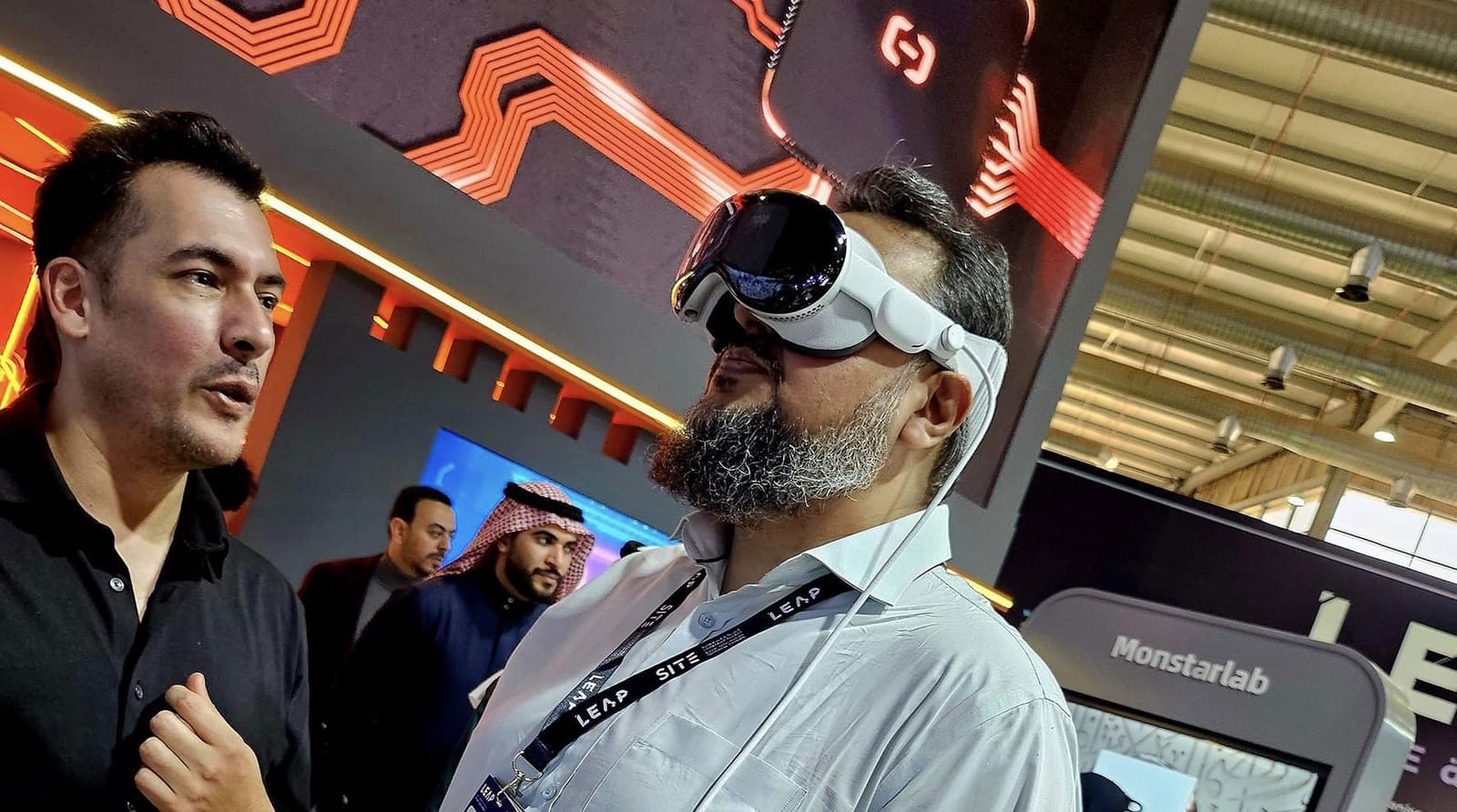 Qasim Hussain trying a mixed-reality headset at the LEAP technology conference